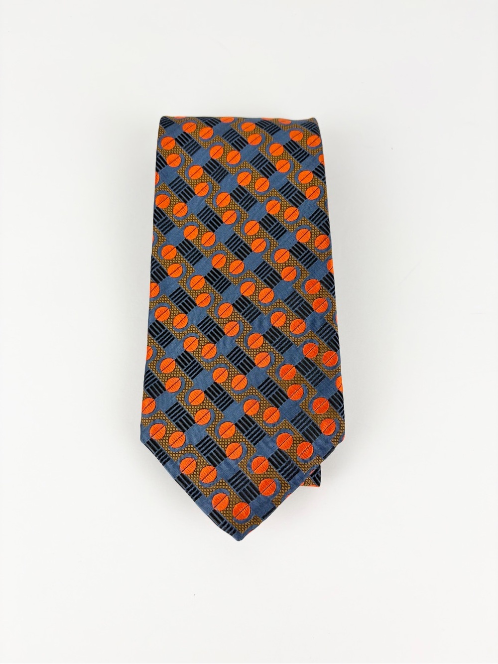 Robert Talbott Von Maur Orange Blue Polka Dot Stripe Hand Sewn Silk Mens Necktie
